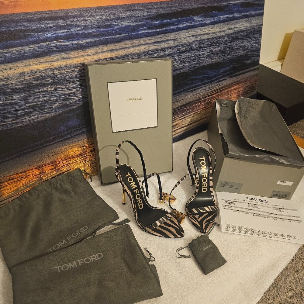 Tom Ford locks ZEBRA PRINT SATIN PADLOCK POINTY NAKED SANDAL us 6 eur 36